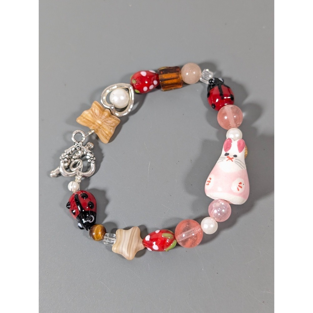 Art Glass Ladybug Ceramic Rabbit Bunny Butterfly Bead Bracelet 8.5 in